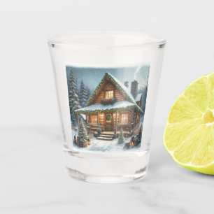 Rustic Winter/Christmas snowy cabin Shot Glass