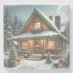 Rustic Winter/Christmas snowy cabin Stone Coaster