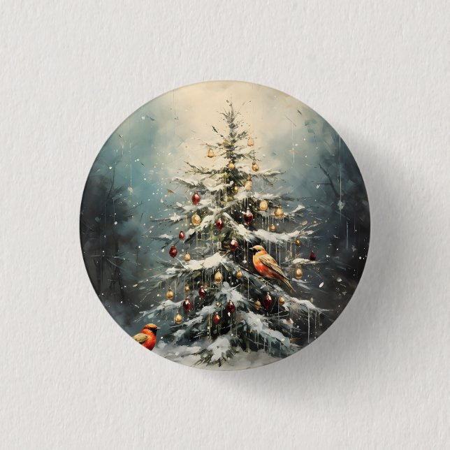 Rustic Winter Christmas Tree Snowy Red Birds  3 Cm Round Badge (Front)
