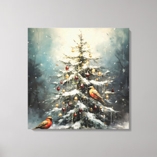 Rustic Winter Christmas Tree Snowy Red Birds Canvas Print