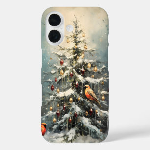 Rustic Winter Christmas Tree Snowy Red Birds iPhone 16 Case