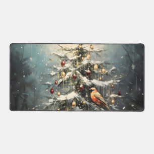 Rustic Winter Christmas Tree Snowy Red Birds  Desk Mat