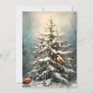 Rustic Winter Christmas Tree Snowy Red Birds Holiday Card
