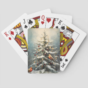 Rustic Winter Christmas Tree Snowy Red Birds Playing Cards