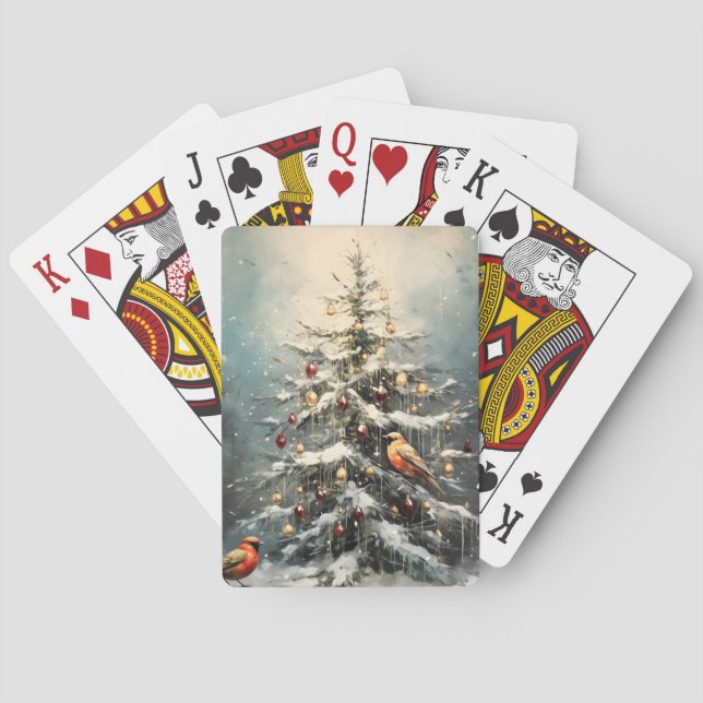 Rustic Winter Christmas Tree Snowy Red Birds  Playing Cards (Back)