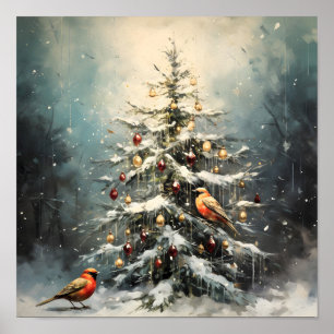 Rustic Winter Christmas Tree Snowy Red Birds Poster