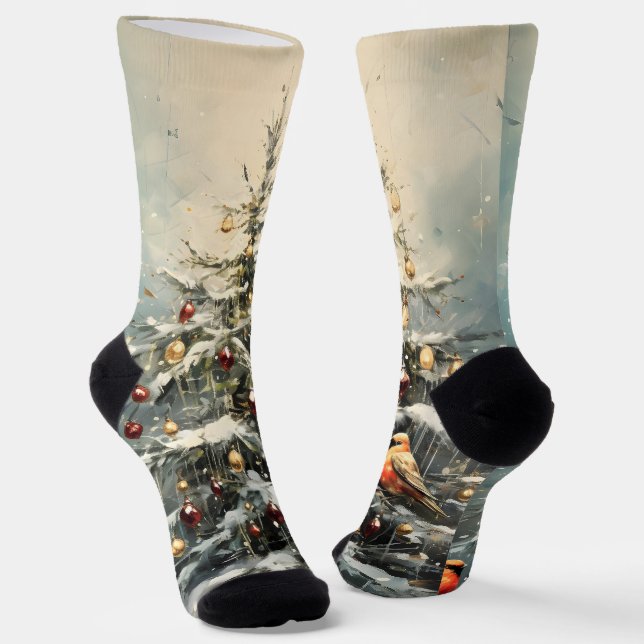 Rustic Winter Christmas Tree Snowy Red Birds  Socks (Angled)