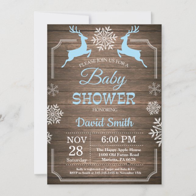 Rustic Winter Deer Snowflake Boy Baby Shower Invitation (Front)