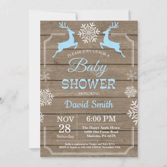 Rustic Winter Deer Snowflake Boy Baby Shower Invitation (Front)