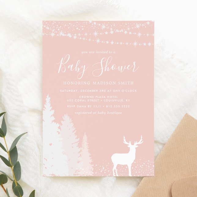 Rustic Winter Deer Woodland Blush Pink Baby Shower Invitation (Creator Uploaded)