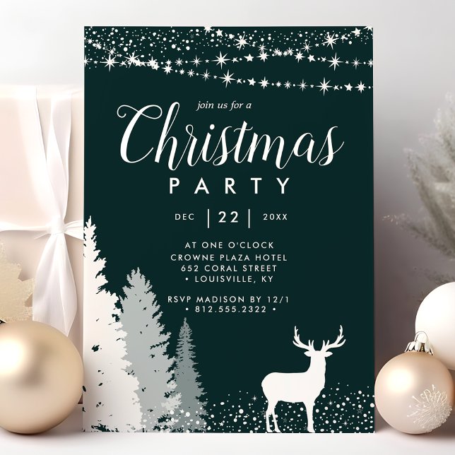 Rustic Winter Deer Woodland Green Christmas Party Invitation (Creator Uploaded)