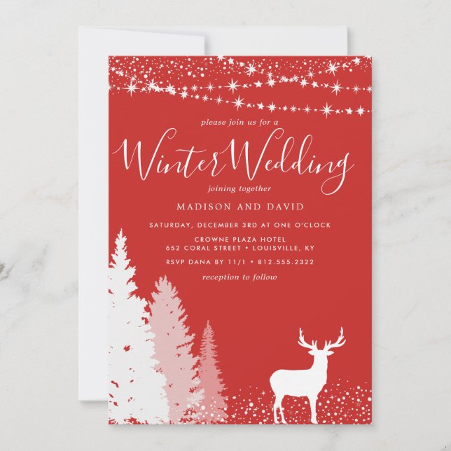 Rustic Winter Deer Woodland Red Wedding Invitation (Front)