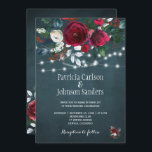 Rustic winter elegant floral Christmas wedding Invitation<br><div class="desc">Rustic winter seasonal wedding invitation template on a dark navy blue chalkboard featuring a beautiful rdark red burgundy and white peony roses bouquet with hunter pine green foliage, strings of white twinkle lights and a chic typography script. Easy to personalise with your details! The invitation is suitable for elegant winter...</div>