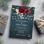 Rustic winter elegant floral Christmas wedding Invitation<br><div class="desc">Rustic winter seasonal wedding invitation template on a dark navy blue chalkboard featuring a beautiful rdark red burgundy and white peony roses bouquet with hunter pine green foliage, strings of white twinkle lights and a chic typography script. Easy to personalise with your details! The invitation is suitable for elegant winter...</div>