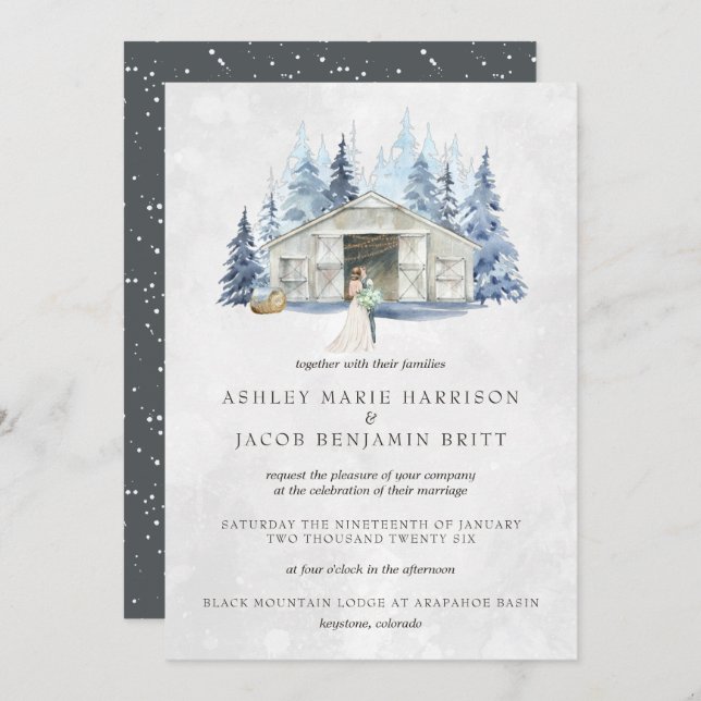 Rustic Winter Evergreen Barn Wedding Invitation (Front/Back)