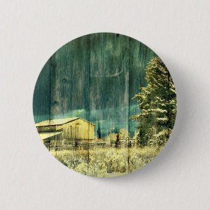 Rustic winter evergreen old barnwood cottage cabin 6 cm round badge