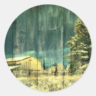 Rustic winter evergreen old barnwood cottage cabin classic round sticker