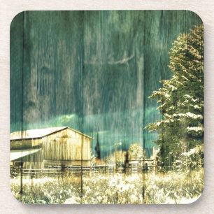 Rustic winter evergreen old barnwood cottage cabin coaster
