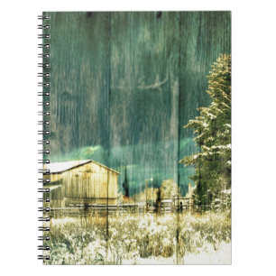 Rustic winter evergreen old barnwood cottage cabin spiral notebook