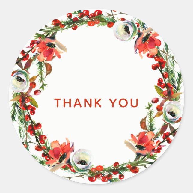 Rustic Winter Floral Berries Wreath Modern Favour Classic Round Sticker (Front)