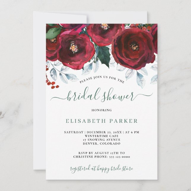 Rustic winter floral bridal shower invitation (Front)