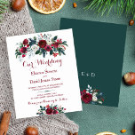 Rustic winter floral BUDGET wedding invitation<br><div class="desc">Floral bouquet of red burgundy and white peony roses with pine green fir branches and foliage affordable wedding invitation template with a fancy modern contemporary changeable script text. Please note that the background colour on the front and on the back are editable. To change the colour and also the fonts...</div>