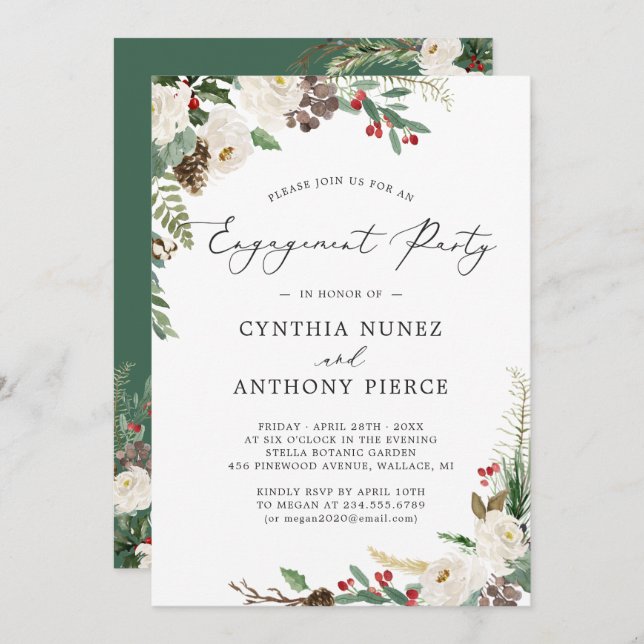 Rustic Winter Floral Chic Holiday Engagement Party Invitation (Front/Back)