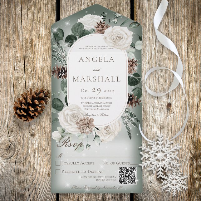 Rustic Winter Floral Green Sparkle QR Code All In One Invitation (Creator Uploaded)