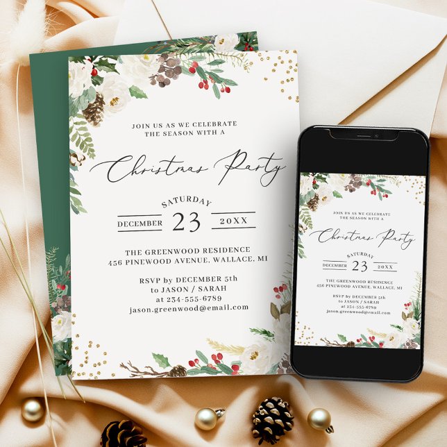 Rustic Winter Floral Holly Berries Christmas Party Invitation (Perfect for hosting a Christmas party, holiday cocktail soirée, or winter-themed event.)