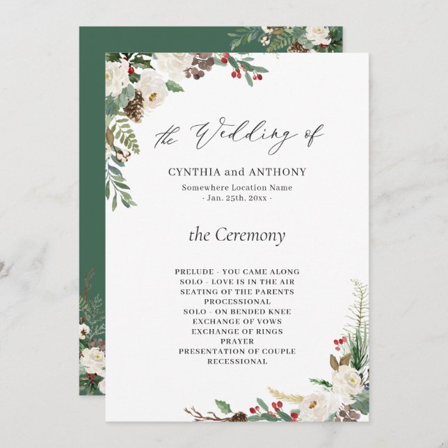 Rustic Winter Floral Holly Berries Wedding Programme (Front/Back)