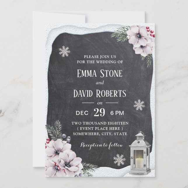 Rustic Winter Floral Lantern Chalkboard Wedding Invitation (Front)