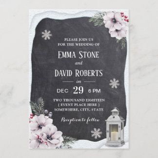 Rustic Winter Floral Lantern Chalkboard Wedding Invitation