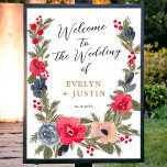 Rustic Winter Floral Watercolor Wedding Welcome Poster<br><div class="desc">Welcome your guests with warmth and elegance using our Rustic Elegant Winter Floral Welcome Sign. This design embodies the spirit of the season, featuring a hand-painted watercolor frame adorned with a graceful blend of red flowers, soothing dusty blue hues, and verdant green pine branches. With an elegant script font, this...</div>
