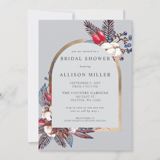 Rustic Winter Florals Arched Bridal Shower Invitation (Front)