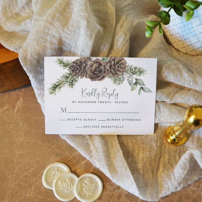 Rustic Winter Foliage Pine Cone Wedding RSVP Card (Creator Uploaded)