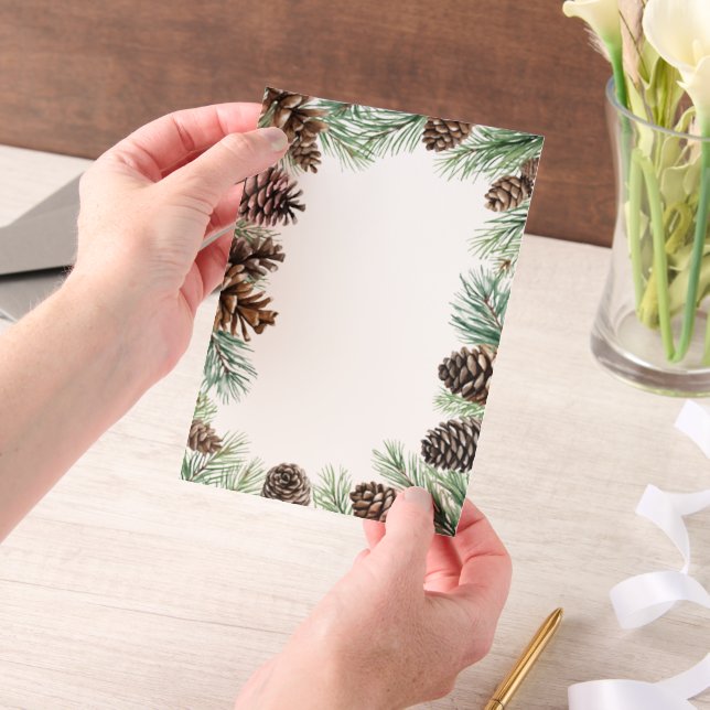 Rustic Winter Foliage Pine cone Wedding Vellum Invitations (Handheld)