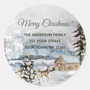 Rustic Winter Forest Christmas Tree Deer Address Classic Round Sticker