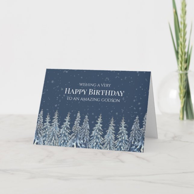 Rustic Winter Forest Happy Birthday Godson Card (Front)