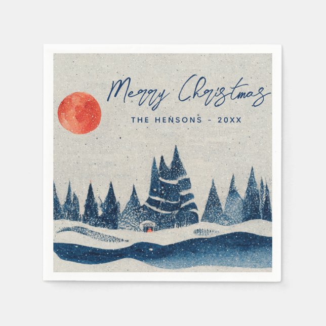 Rustic Winter Forest Moon Family Photo Christmas Napkin (Front)