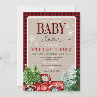 Rustic Winter Forest Red Truck Baby Shower Invitation