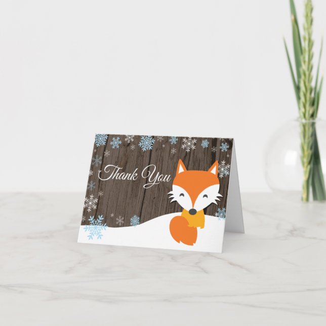 Rustic Winter Fox Snowflake Blue Thank You Card (Front)