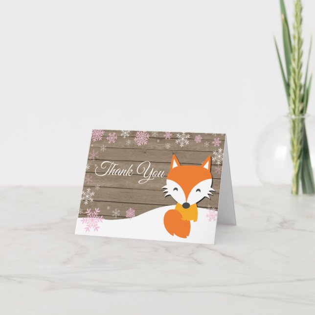 Rustic Winter Fox Snowflake Pink Thank You Card (Front)