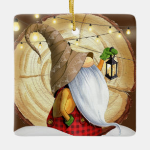 Rustic Winter Gnome Tree, Snow, Lights Christmas Ceramic Ornament