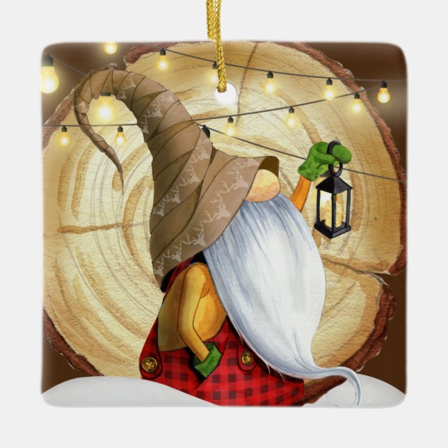 Rustic Winter Gnome Tree, Snow, Lights Christmas Ceramic Ornament (Front)