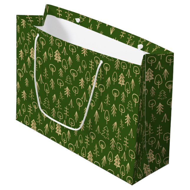 Rustic Winter Gold Patterned Green Large Gift Bag (Front Angled)