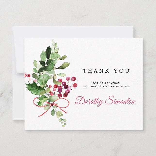 Rustic Winter Greenery 100th Birthday Thank You Card (Front)