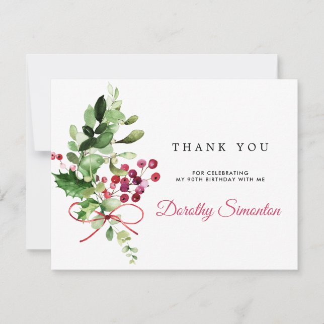 Rustic Winter Greenery 90th Birthday  Thank You Card (Front)