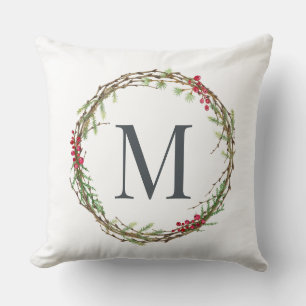 Rustic Winter Greenery Berries Monogram Wreath Cushion