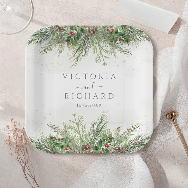 Rustic Winter Greenery Berries Pine Cone Wedding Paper Plate (Creator Uploaded)