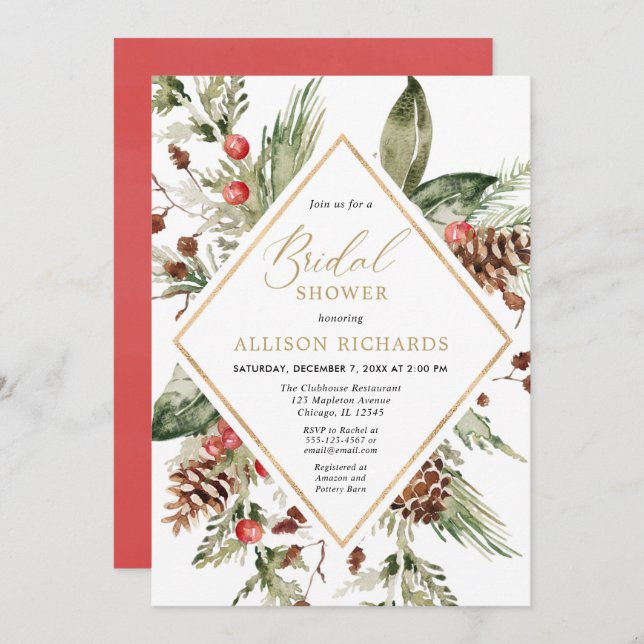 Rustic Winter greenery Christmas bridal shower Invitation (Front/Back)